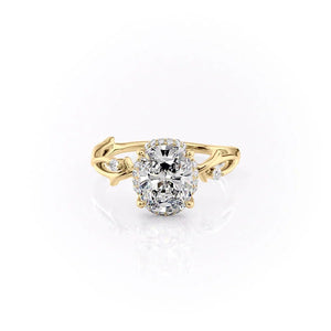 The Halo Twig Set  With A 3 Carat E. Cushion 14K Yellow Gold Moissanite