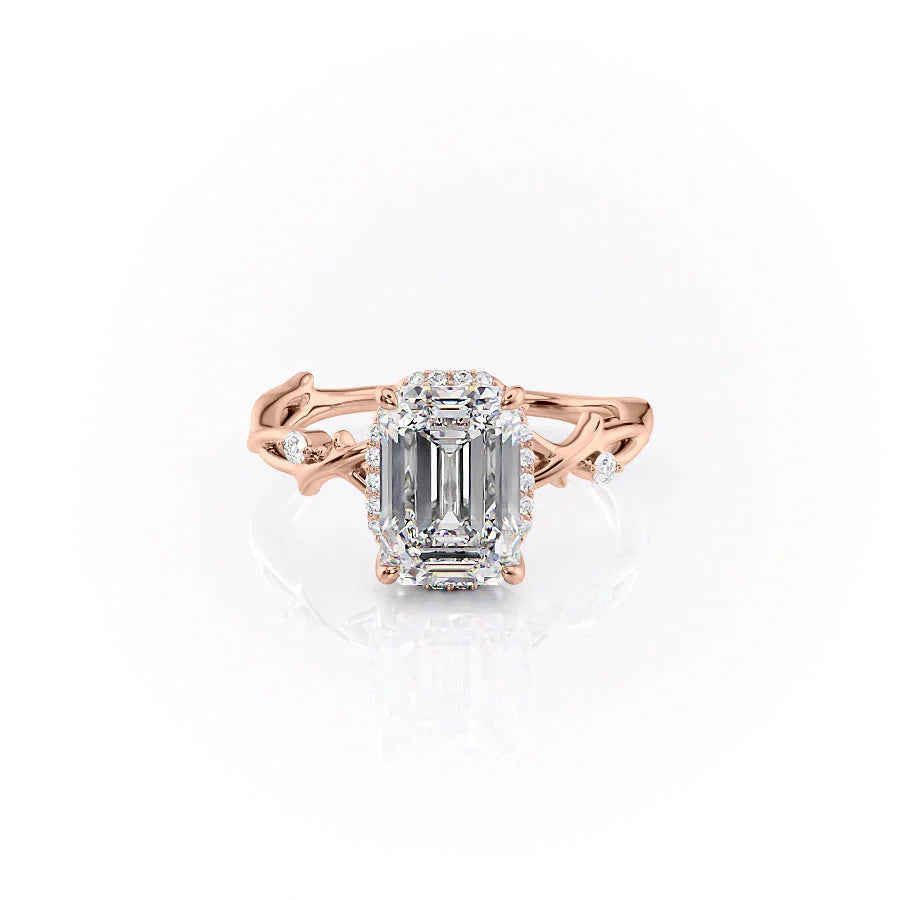 The Halo Twig Set With A 1 Carat Emerald 14K Rose Gold Lab Diamond