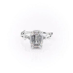 The Halo Twig Set  With A 1 Carat Emerald 18K White Gold Moissanite
