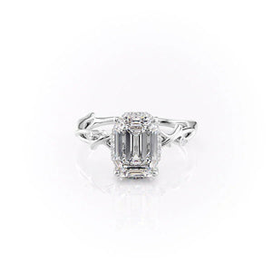 The Halo Twig Set  With A 3 Carat Emerald 14K White Gold Moissanite