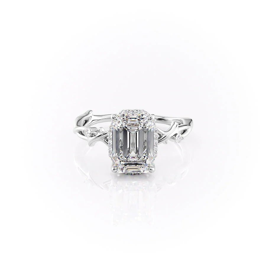 The Halo Twig Set  With A 2 Carat Emerald 14K White Gold Moissanite