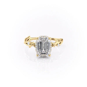 The Halo Twig Set  With A 2 Carat Emerald 18K Yellow Gold Moissanite
