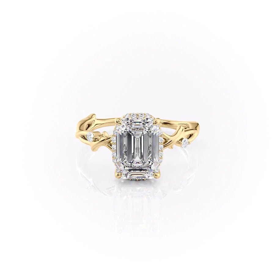 The Halo Twig Set  With A 4.5 Carat Emerald 14K Yellow Gold Moissanite