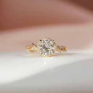 The Halo Twig Set With A 2.5 Carat Cushion 18K Yellow Gold Lab Diamond