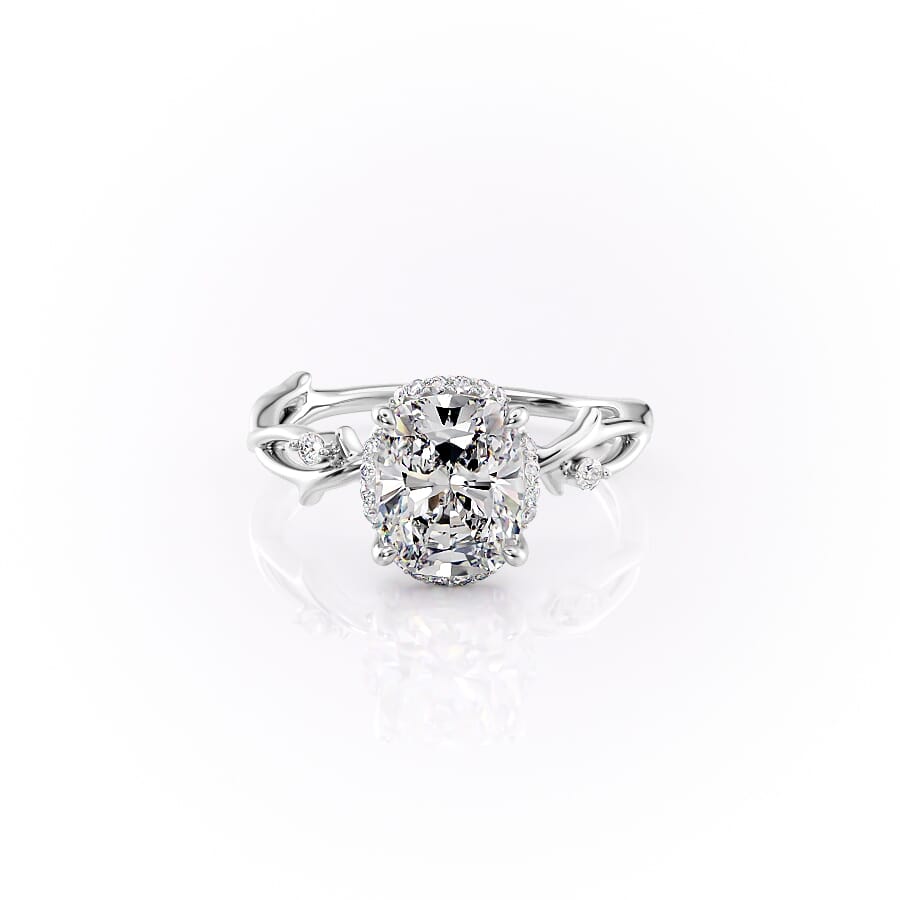 The Halo Twig Set With A 2.5 Carat E. Cushion 18K White Gold Lab Diamond