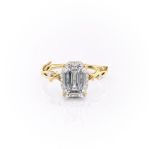 The Halo Twig Set With A 3 Carat Emerald 14K Yellow Gold Lab Diamond