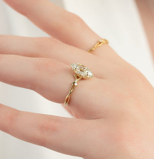 The Halo Twig Set  With A 2 Carat Marquise 14K Yellow Gold Moissanite