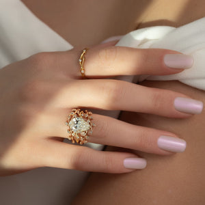 The Halo Twig Set  With A 5 Carat Pear 18K Yellow Gold Moissanite