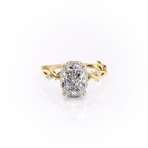 The Halo Twig Set  With A 3 Carat Round 18K Yellow Gold Moissanite