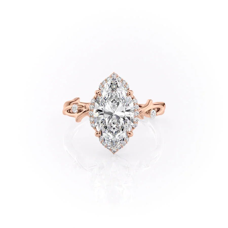 The Halo Twig Set  With A 4.5 Carat Marquise 14K Rose Gold Moissanite