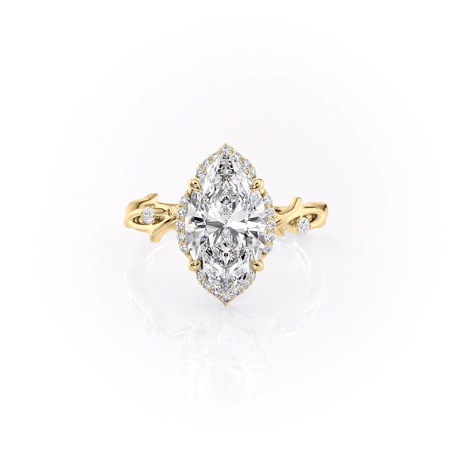 The Halo Twig Set  With A 3.5 Carat Marquise 14K Yellow Gold Moissanite