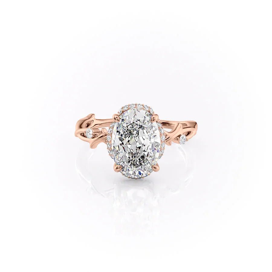 The Halo Twig Set  With A 3 Carat Oval 14K Rose Gold Moissanite