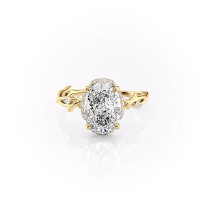 The Halo Twig Set  With A 5 Carat Oval 18K Yellow Gold Moissanite