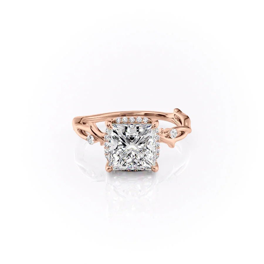 The Halo Twig Set  With A 2 Carat Princess 14K Rose Gold Moissanite