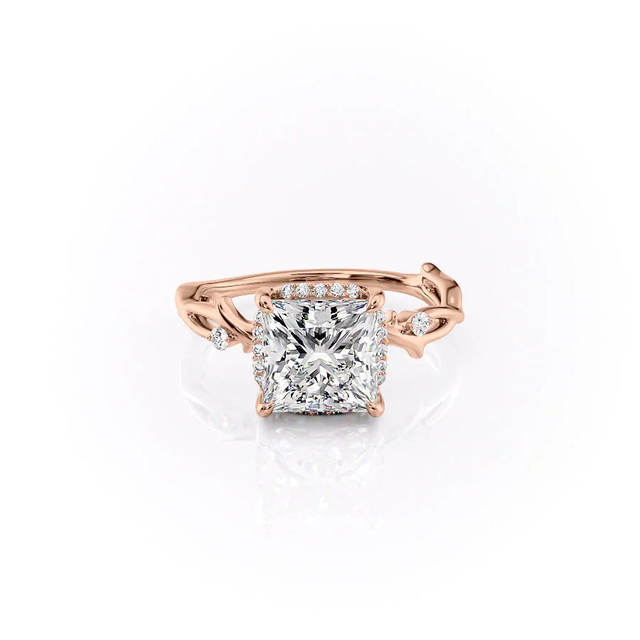 The Halo Twig Set  With A 1 Carat Princess 14K Rose Gold Moissanite