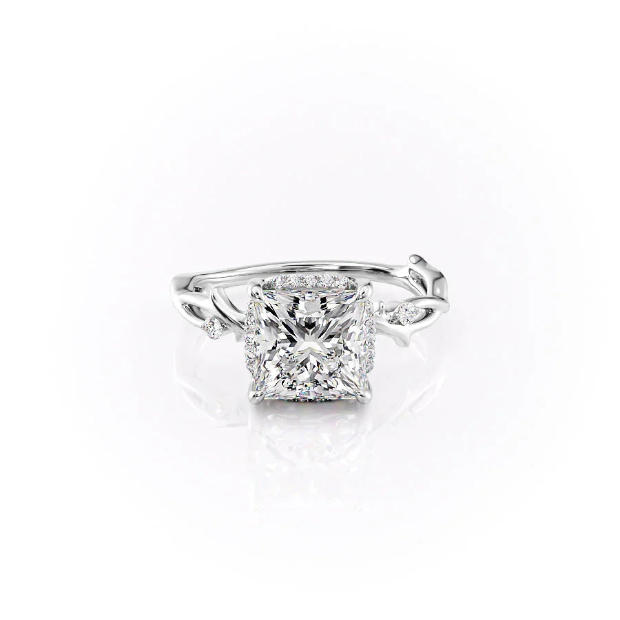 The Halo Twig Set  With A 1 Carat Princess 18K White Gold Moissanite