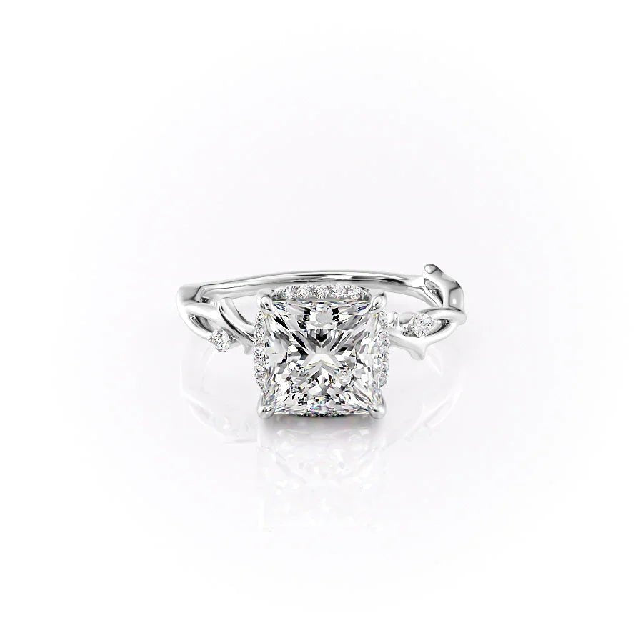 The Halo Twig Set  With A 3 Carat Princess 14K White Gold Moissanite