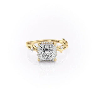 The Halo Twig Set  With A 1.5 Carat Princess 18K Yellow Gold Moissanite