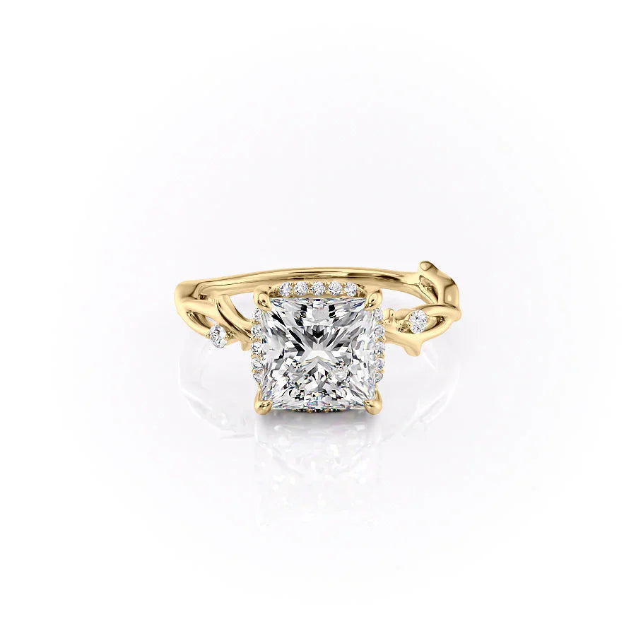 The Halo Twig Set  With A 1 Carat Princess 18K Yellow Gold Moissanite