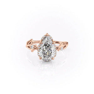 The Halo Twig Set  With A 1.5 Carat Pear 14K Rose Gold Moissanite