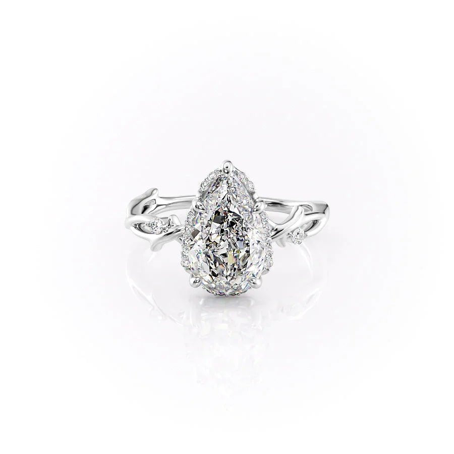 The Halo Twig Set  With A 1.5 Carat Pear 14K White Gold Moissanite