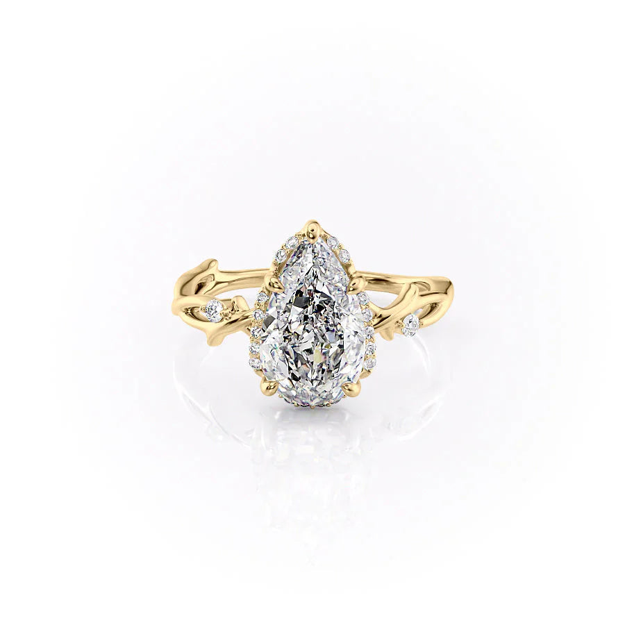 The Halo Twig Set With A 2.5 Carat Pear 14K Yellow Gold Lab Diamond