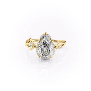 The Halo Twig Set With A 2.5 Carat Pear 14K Yellow Gold Lab Diamond