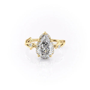 The Halo Twig Set  With A 2 Carat Pear 18K Yellow Gold Moissanite