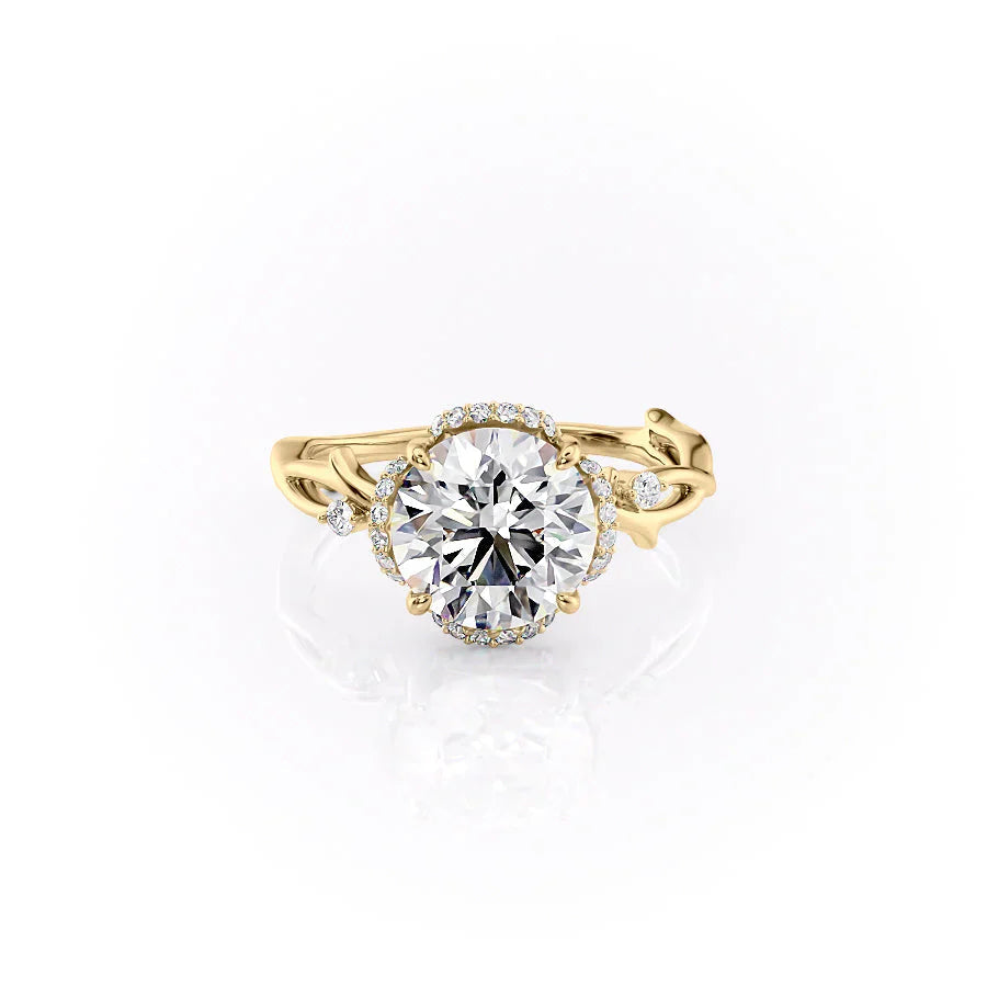 The Halo Twig Set  With A 1 Carat Round 18K Yellow Gold Moissanite