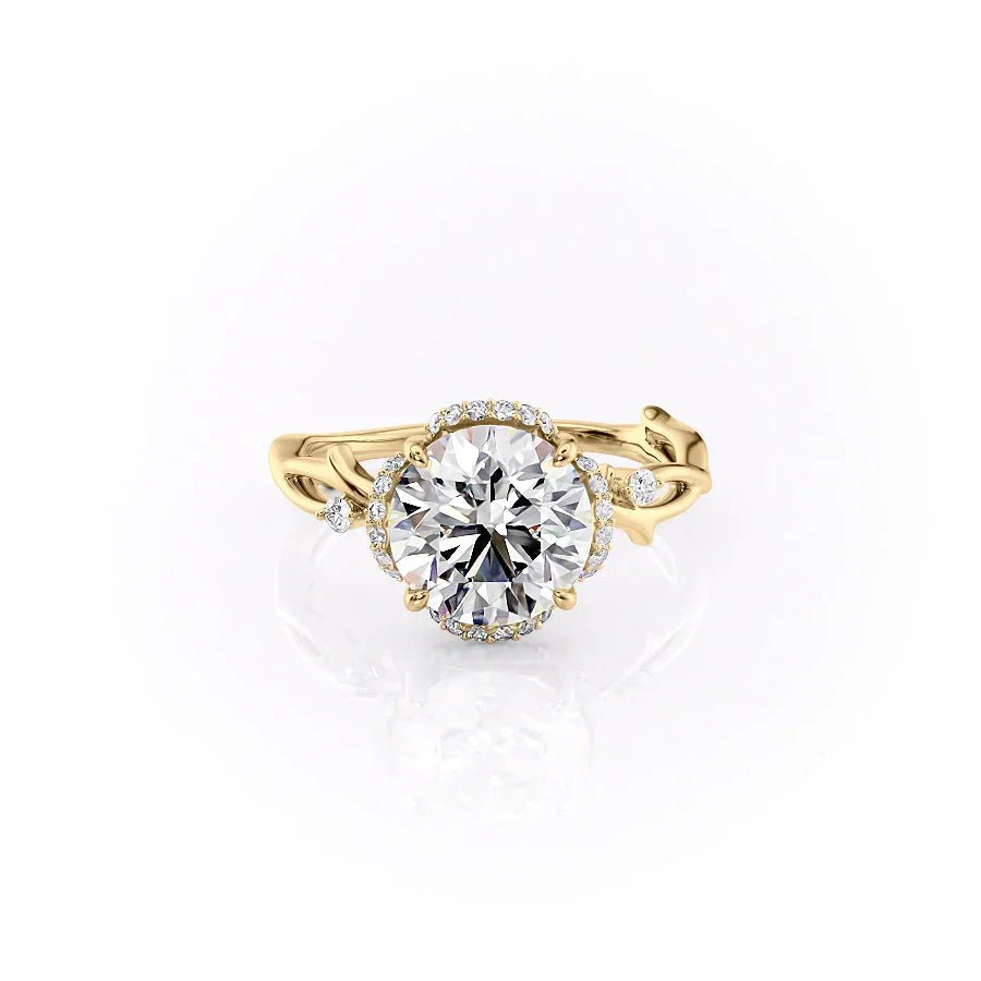 The Halo Twig Set  With A 4 Carat Round 18K Yellow Gold Moissanite