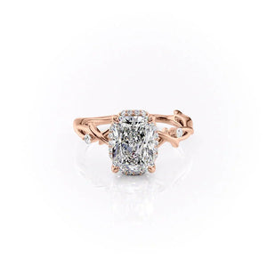 The Halo Twig Set  With A 3 Carat Radiant 14K Rose Gold Moissanite