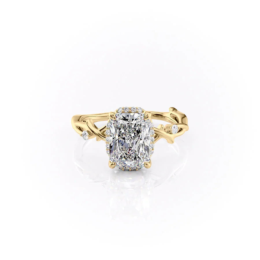 The Halo Twig Set With A 2.5 Carat Radiant 18K Yellow Gold Lab Diamond