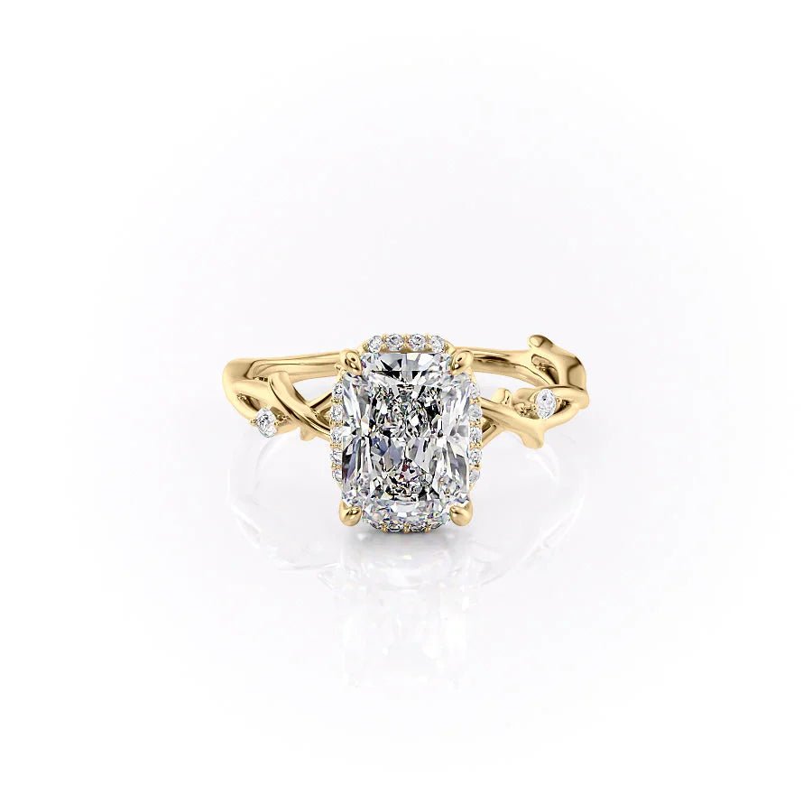 The Halo Twig Set  With A 3.5 Carat Radiant 18K Yellow Gold Moissanite