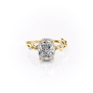 The Halo Twig Set  With A 3.5 Carat Radiant 14K Yellow Gold Moissanite