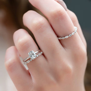 The Sarah Set  With A 1 Carat E. Cushion 14K White Gold Moissanite