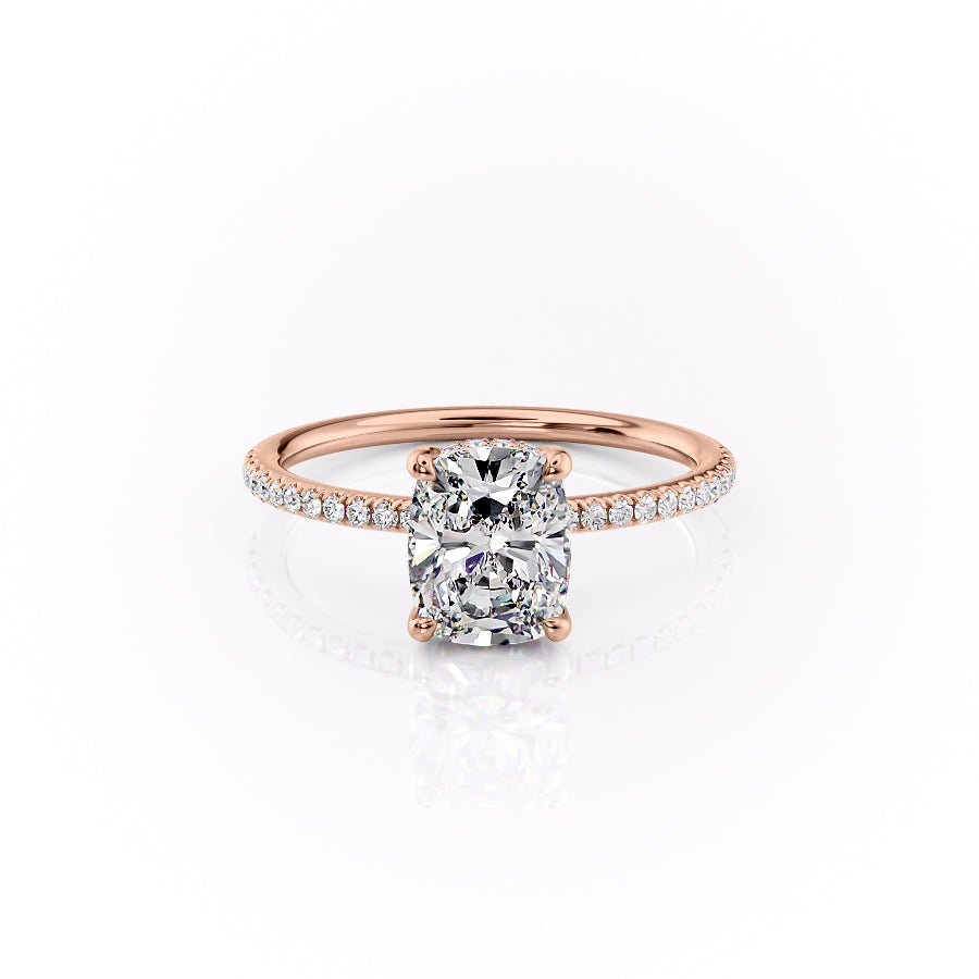 The Sarah Set Pave  With A 1 Carat E. Cushion 14K Rose Gold Moissanite