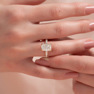 The Pave Sarah Set With A 1 Carat Radiant 14K Rose Gold Lab Diamond