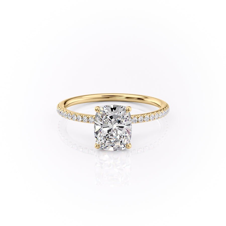 The Pave Lily Set  With A 3 Carat E. Cushion 18K Yellow Gold Moissanite