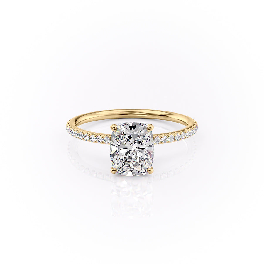 The Pave Lily Set  With A 1 Carat E. Cushion 14K Yellow Gold Moissanite