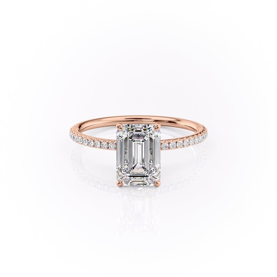 The Pave Lily Set  With A 3 Carat Emerald 14K Rose Gold Moissanite