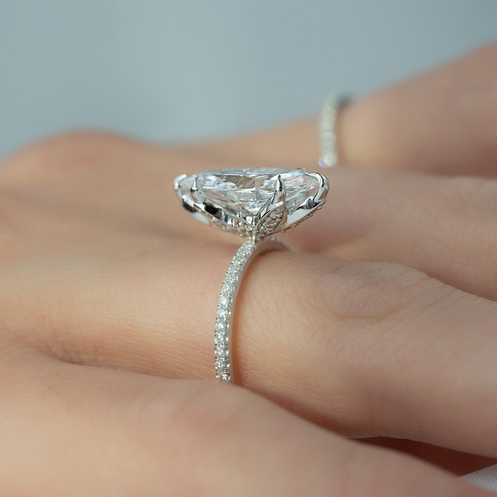 The Pave Lily Set  With A 4 Carat Marquise 18K White Gold Moissanite