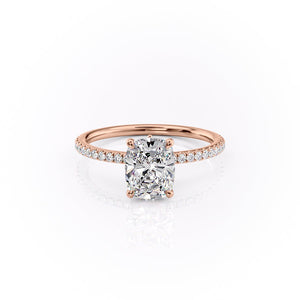 The Pave Luna Set  With A 1 Carat E. Cushion 14K Rose Gold Moissanite