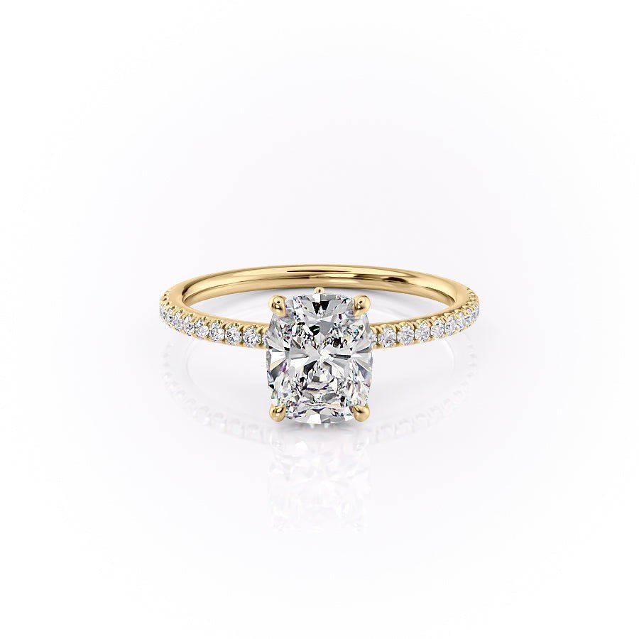 The Pave Luna Set  With A 3.5 Carat E. Cushion 18K Yellow Gold Moissanite