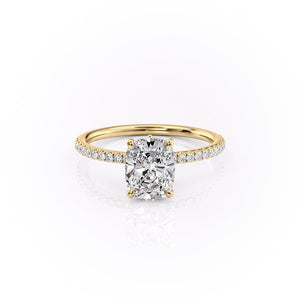 The Pave Luna Set  With A 3 Carat E. Cushion 18K Yellow Gold Moissanite