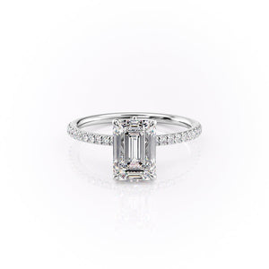 The Pave Luna Set  With A 1 Carat Emerald 14K White Gold Moissanite