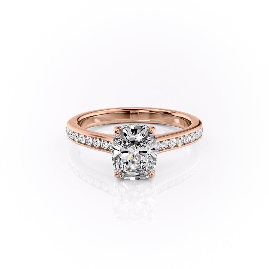 The Cameron Set  With A 5 Carat E. Cushion 18K Rose Gold Moissanite
