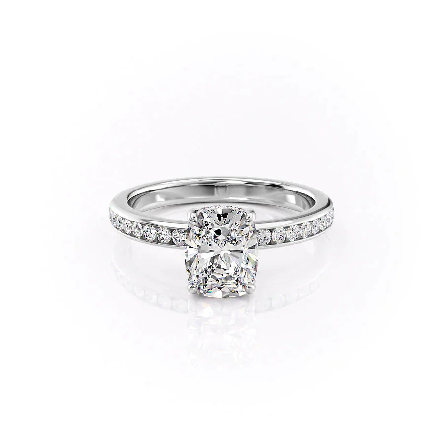 The Marilyn Set  With A 1 Carat E. Cushion 18K White Gold Moissanite