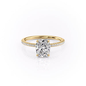 The Pave Margot Set  With A 3.5 Carat E. Cushion 14K Yellow Gold Moissanite