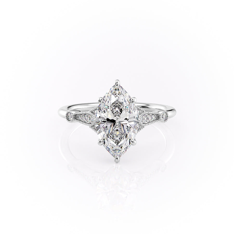The Stephanie Set  With A 3.5 Carat Marquise 14K White Gold Moissanite
