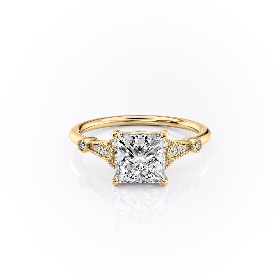 The Stephanie Set  With A 1.5 Carat Princess 18K Yellow Gold Moissanite